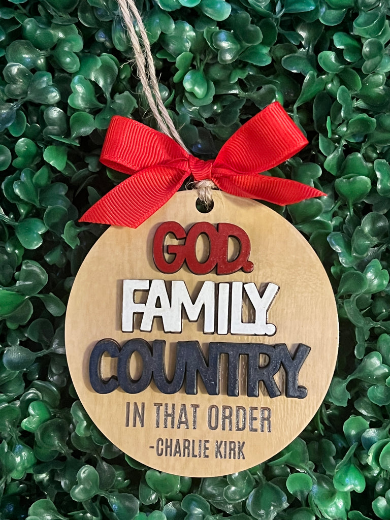 God, Family, Country Charlie Kirk Christmas Ornament