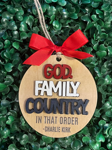 God, Family, Country Charlie Kirk Christmas Ornament