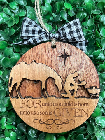 Cowboy "For unto us a child is born" Christmas Ornament