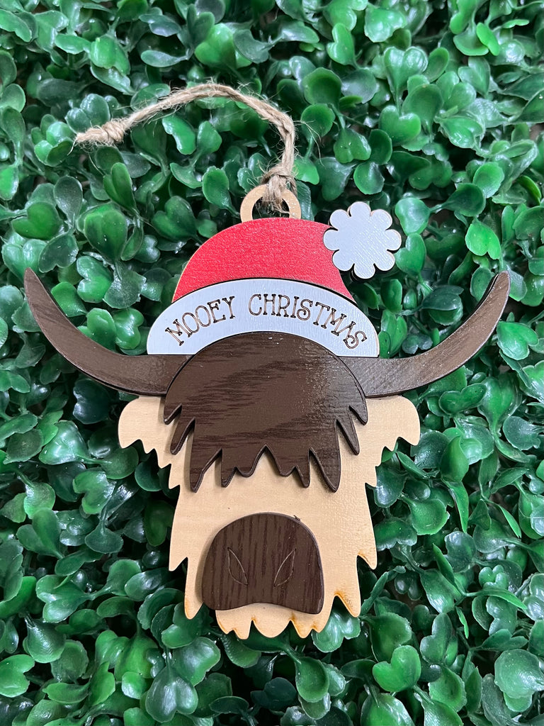Mooey Christmas Santa Hat Highland Cow Ornament