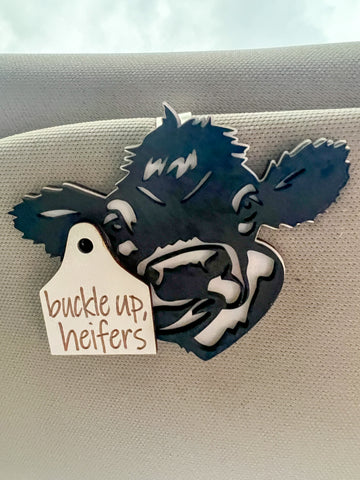 "Buckle Up Heifers" Cow Car Visor Clip On Charm