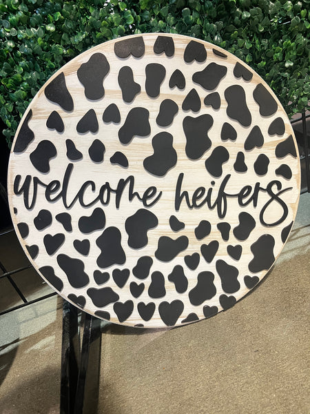 Welcome Heifer Cow Print Door Round